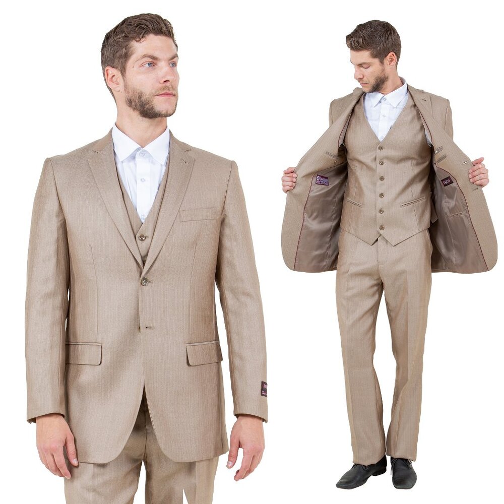 Modern Fit Sharkskin 3pc Men's Suit Set, Ground Stone - Picture 1 of 6